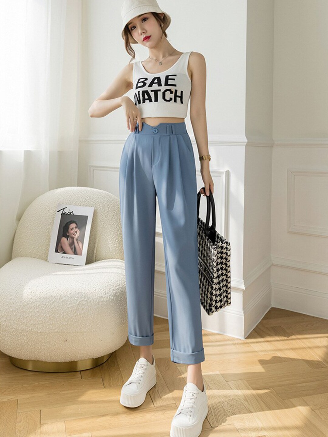 La Aimee Women Blue High-Rise Trousers Price in India
