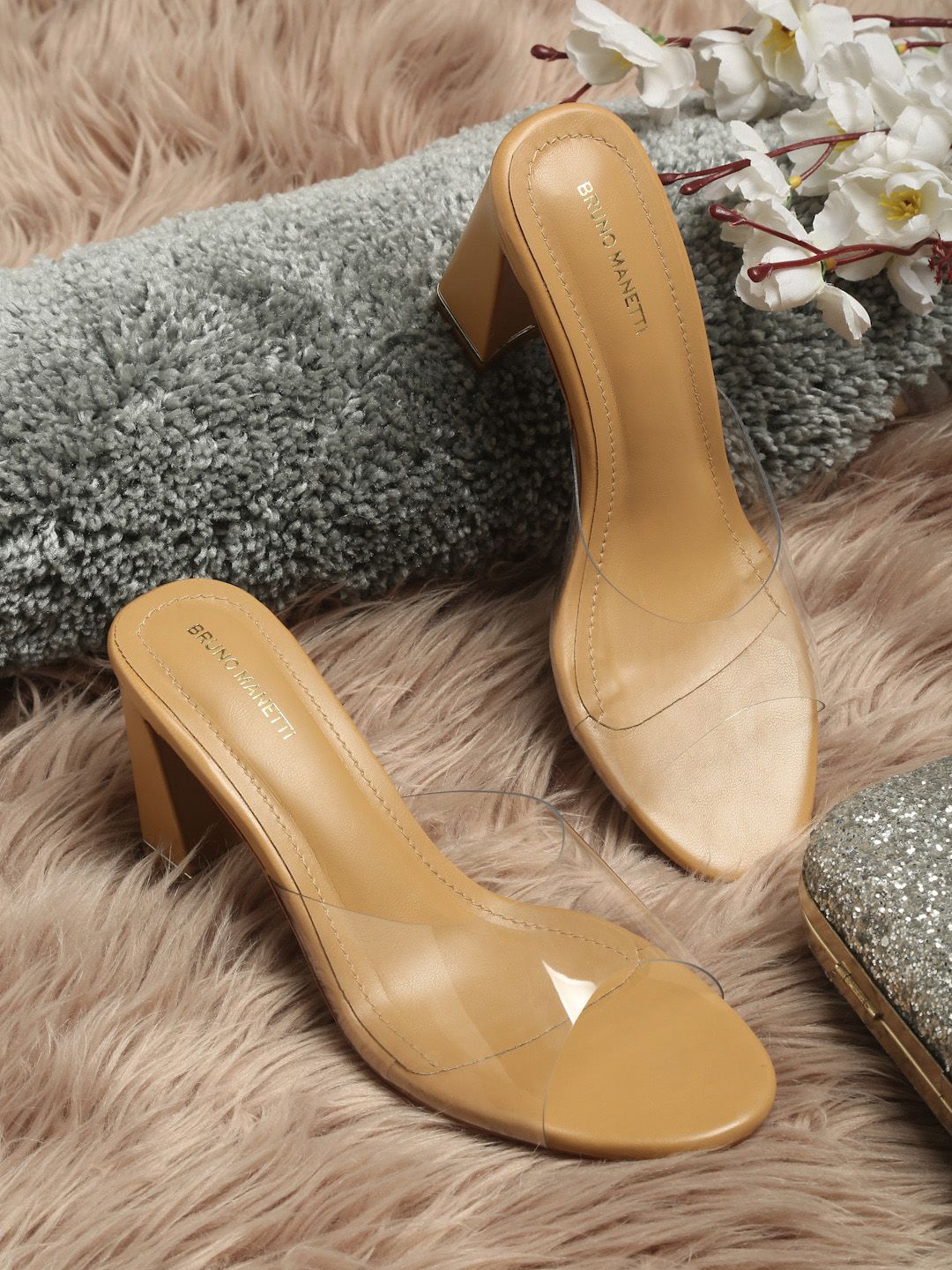 Bruno Manetti Beige PU Block Peep Toes Heels Price in India