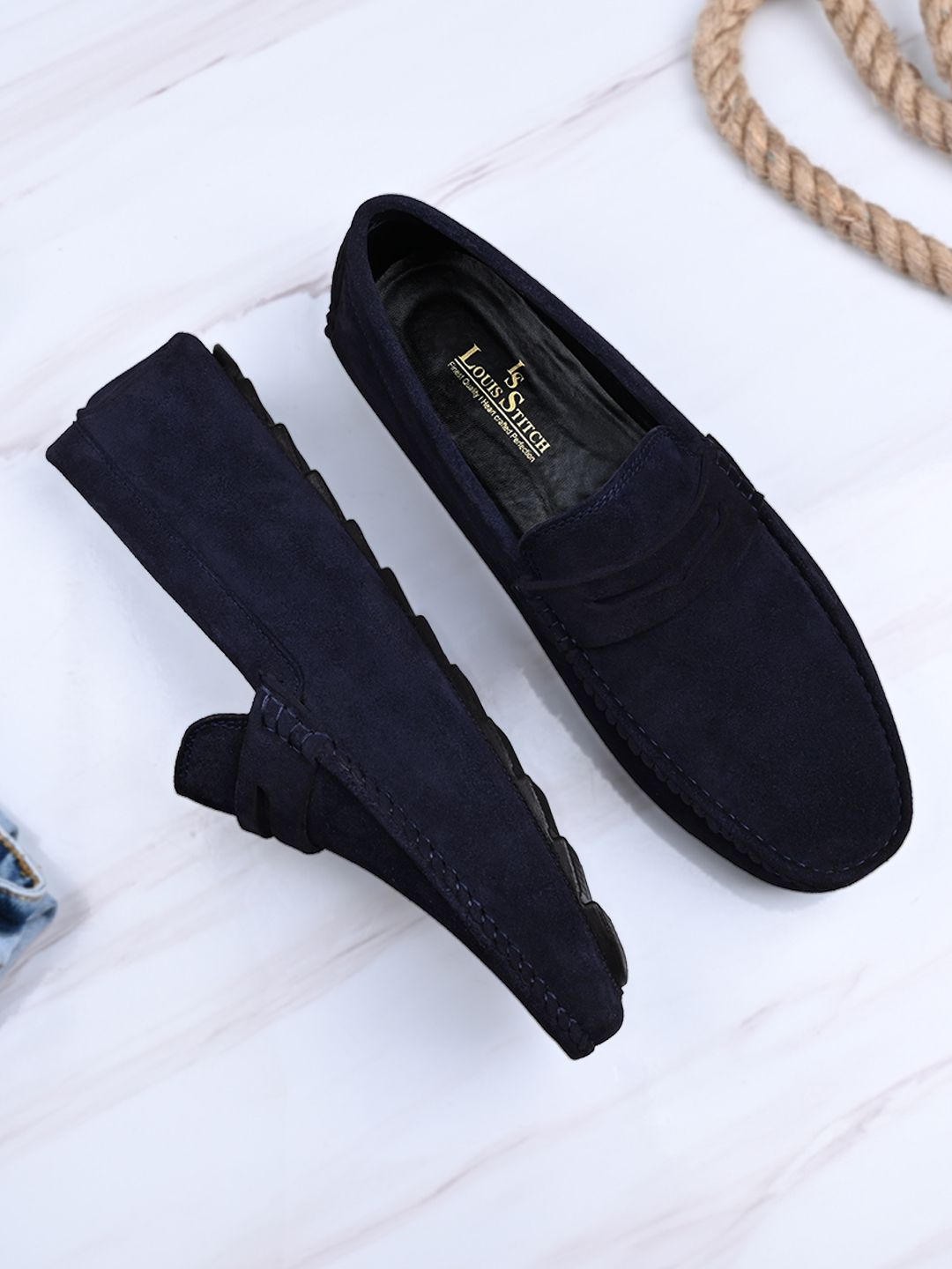 Louis Stitch Men Prussian Blue Italian Suede Leather Handmade Driving Loafers