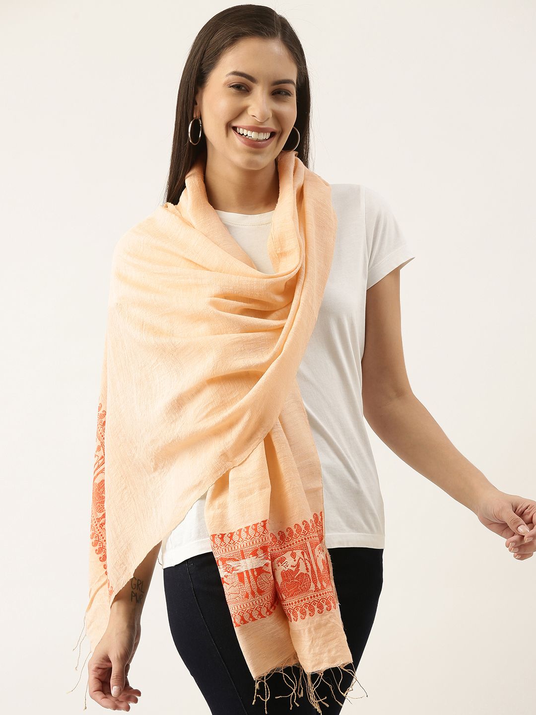 ArtEastri Women Peach-Coloured & Orange Handloom Ahimsa Silk Baluchari Stole Price in India