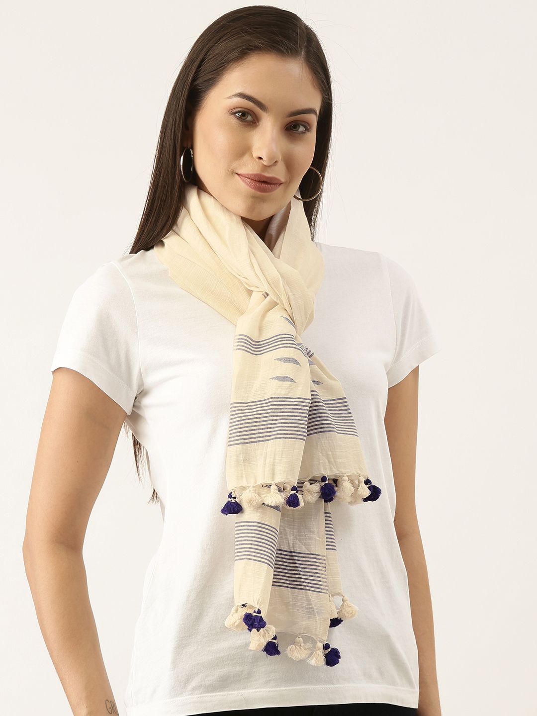 ArtEastri Women Off White & Blue Striped Jamdani Stole Price in India