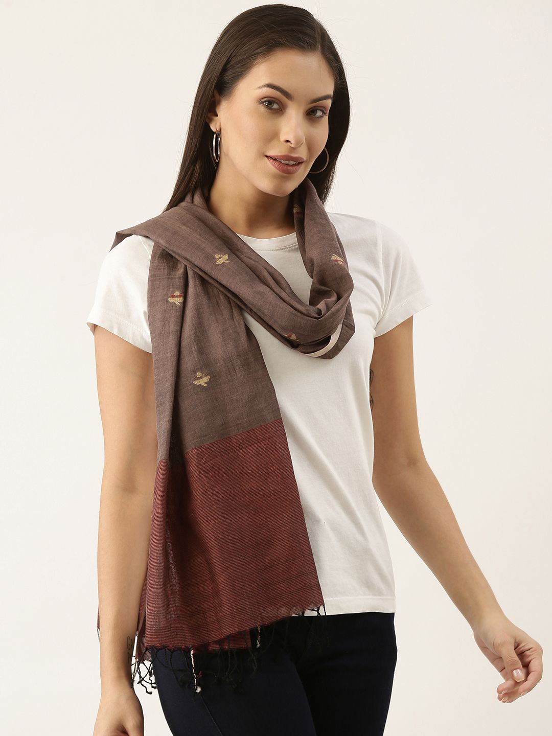 ArtEastri Women Brown & Red Woven Design Jamdani Stole Price in India