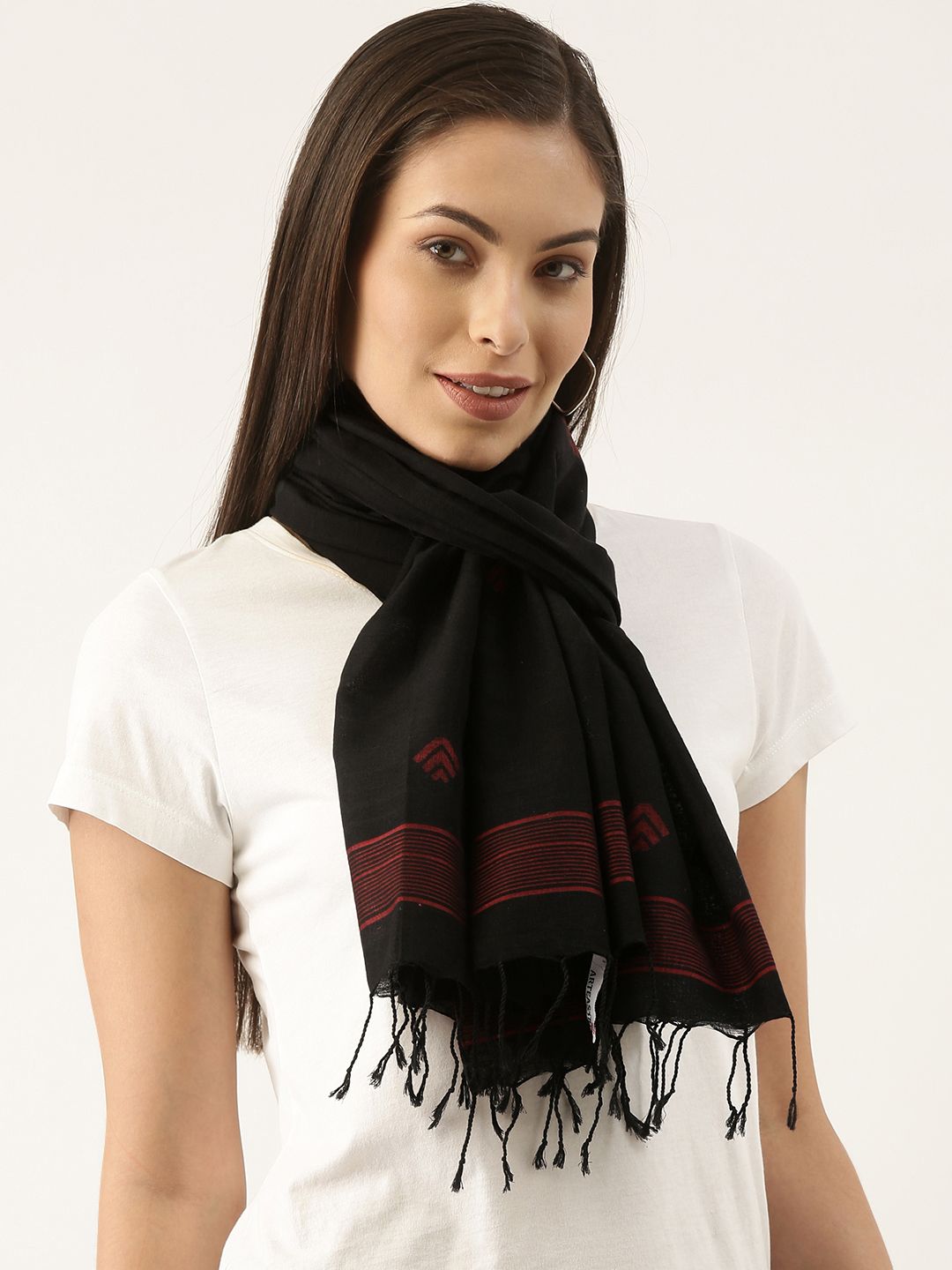 ArtEastri Women Black & Red Striped Jamdani Stole Price in India