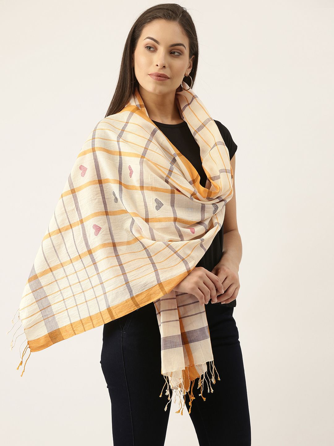 ArtEastri Women Off White & Mustard Striped Jamdani Stole Price in India