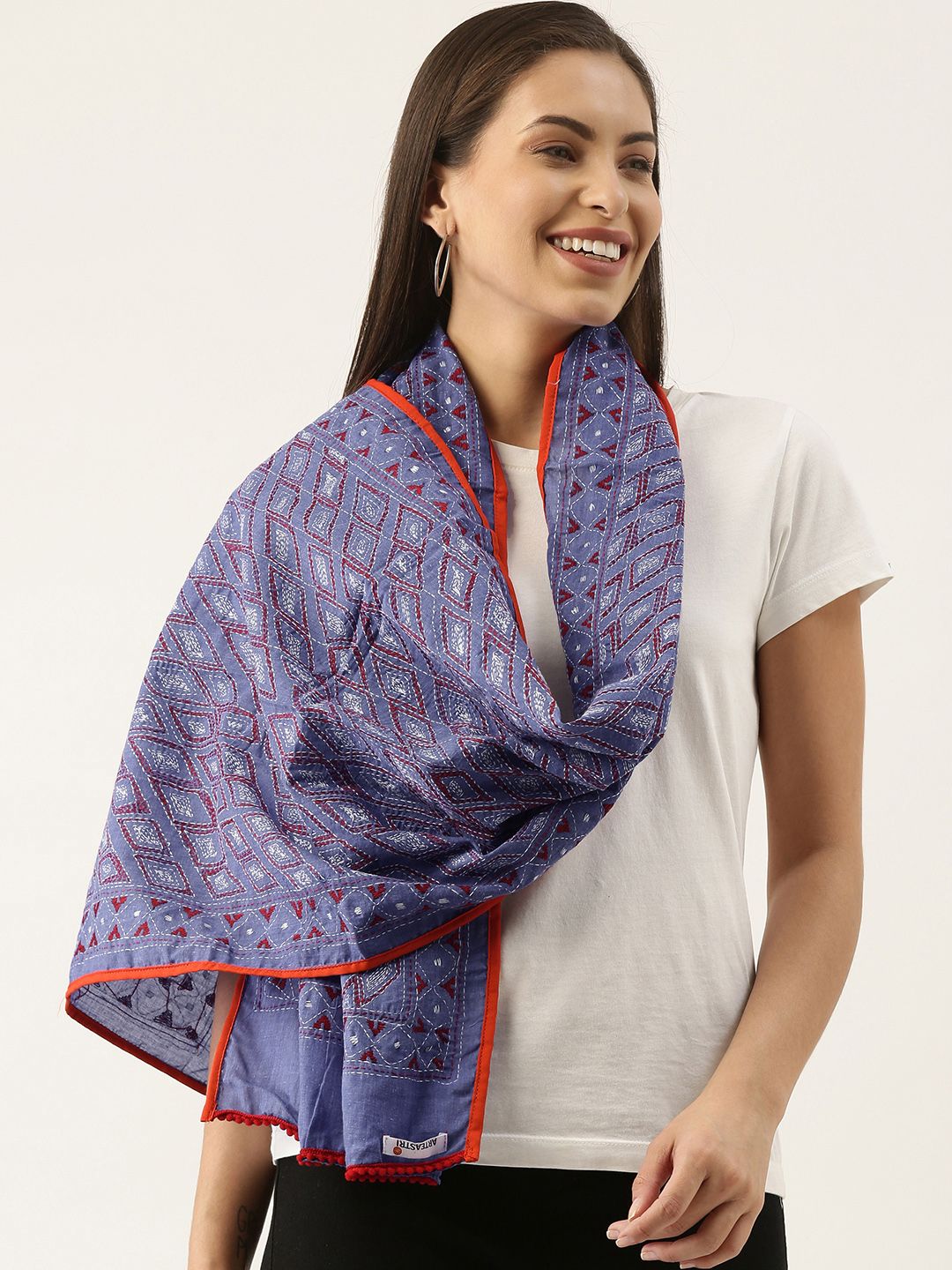 ArtEastri Women Blue & Red Kantha Embroidered Stole Price in India