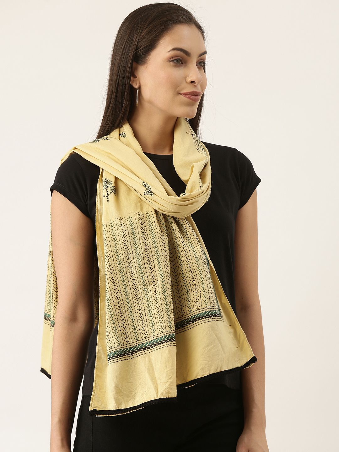 ArtEastri Women Beige & Black Kantha Embroidered Stole Price in India