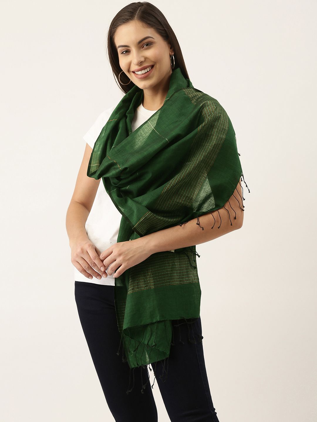 ArtEastri Women Green & Silver-Toned Cotton Handloom Striped Jamdani Stole Price in India