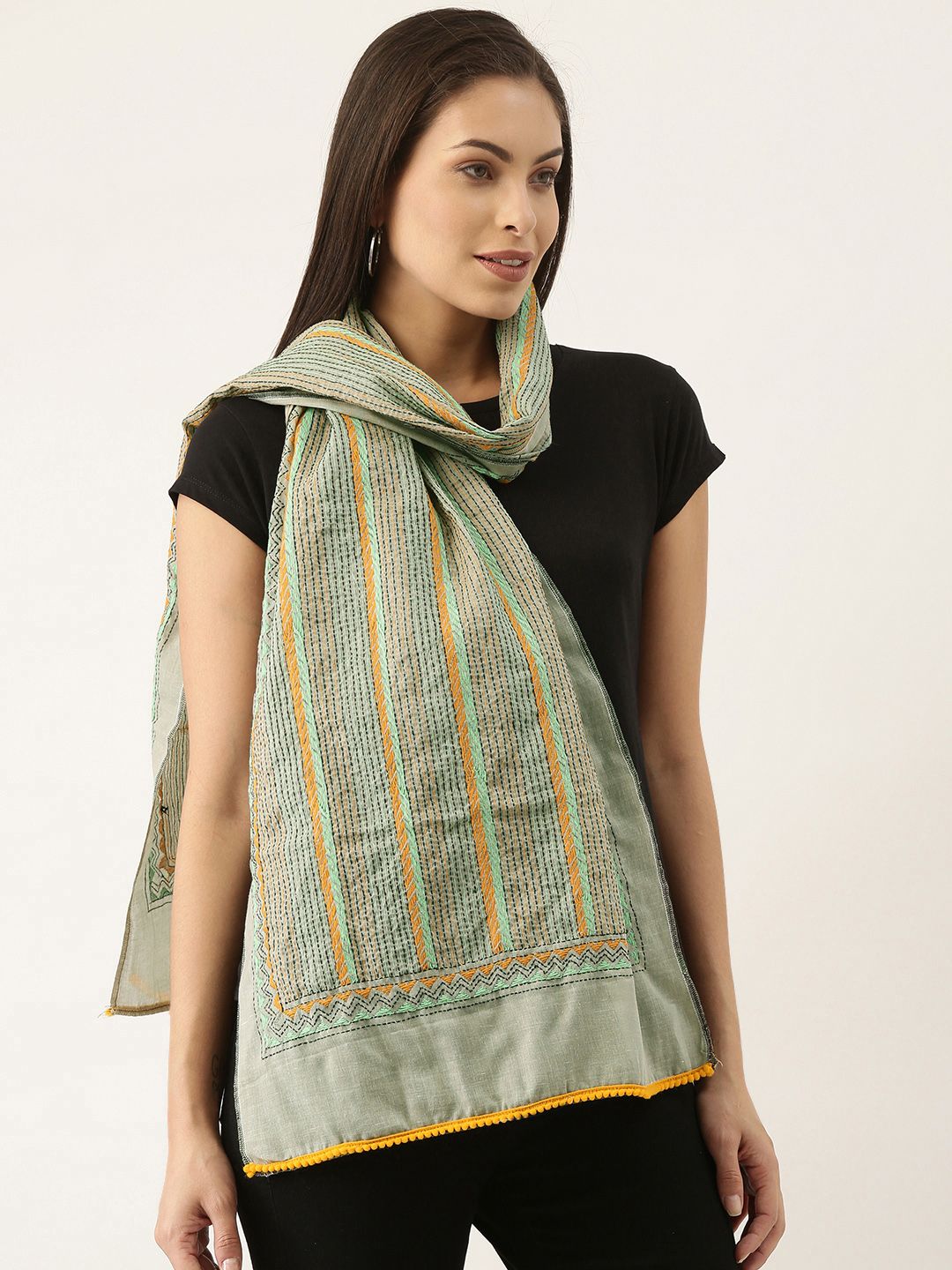 ArtEastri Women Green & Yellow Kantha Embroidered Stole Price in India