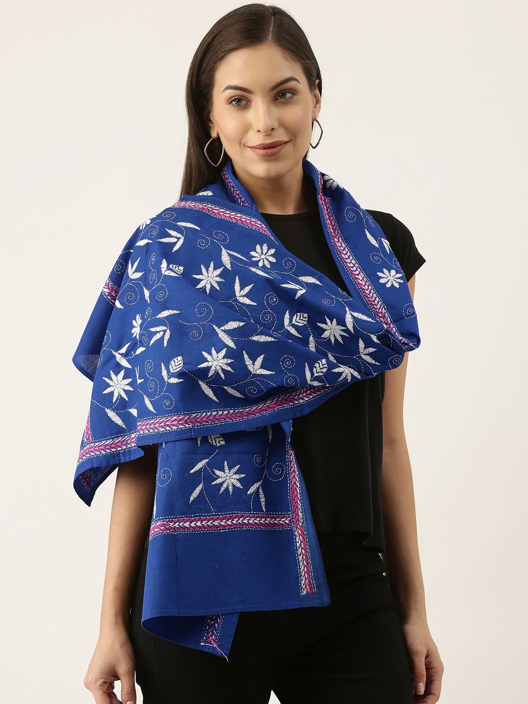 ArtEastri Women Blue & White Kantha Embroidered Stole Price in India