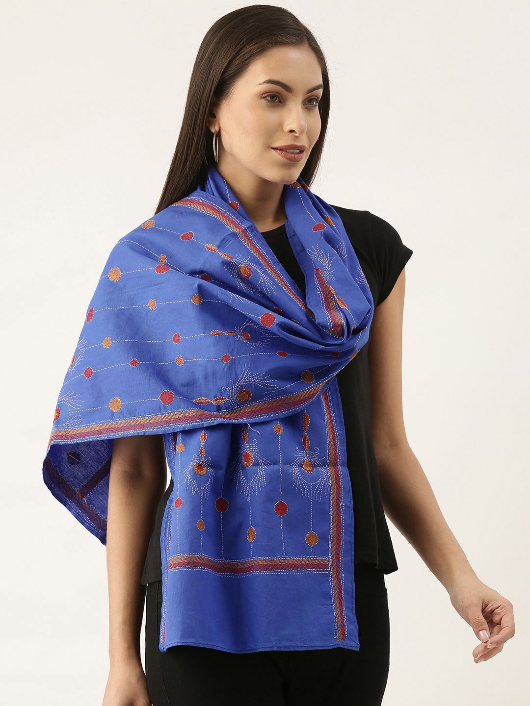 ArtEastri Women Blue & Red Kantha Embroidered Stole Price in India