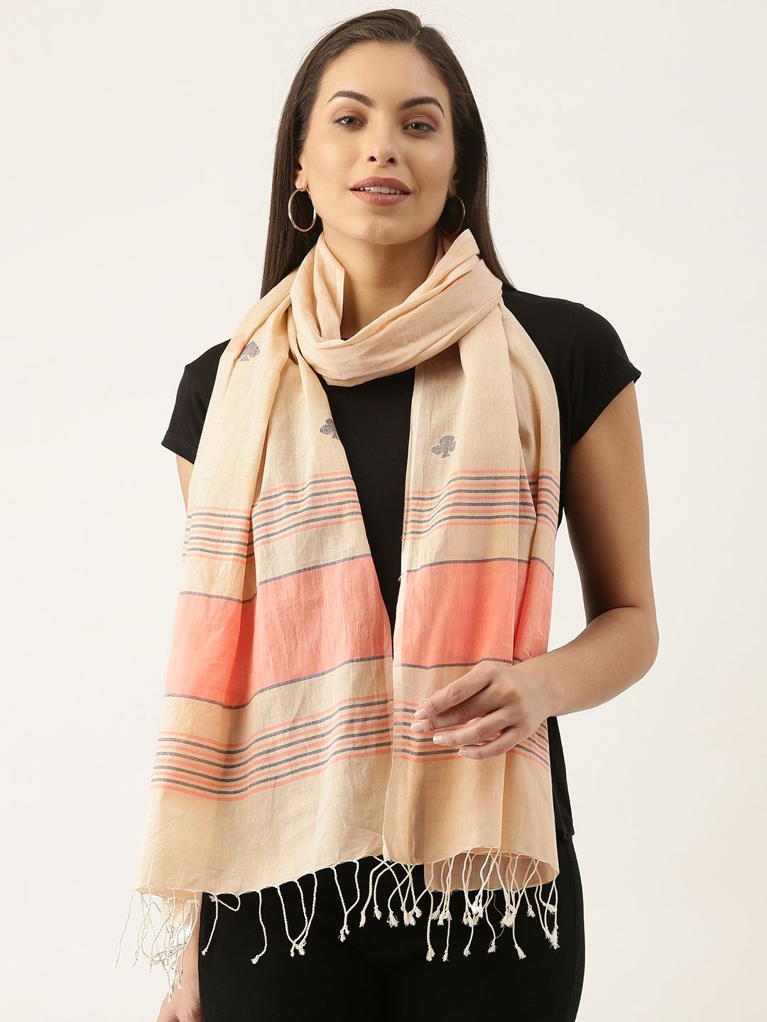 ArtEastri Women Beige & Pink Striped Jamdani Stole Price in India