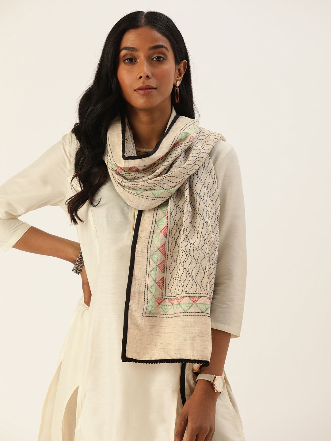 ArtEastri Women Off White & Grey Kantha Embroidered Stole Price in India