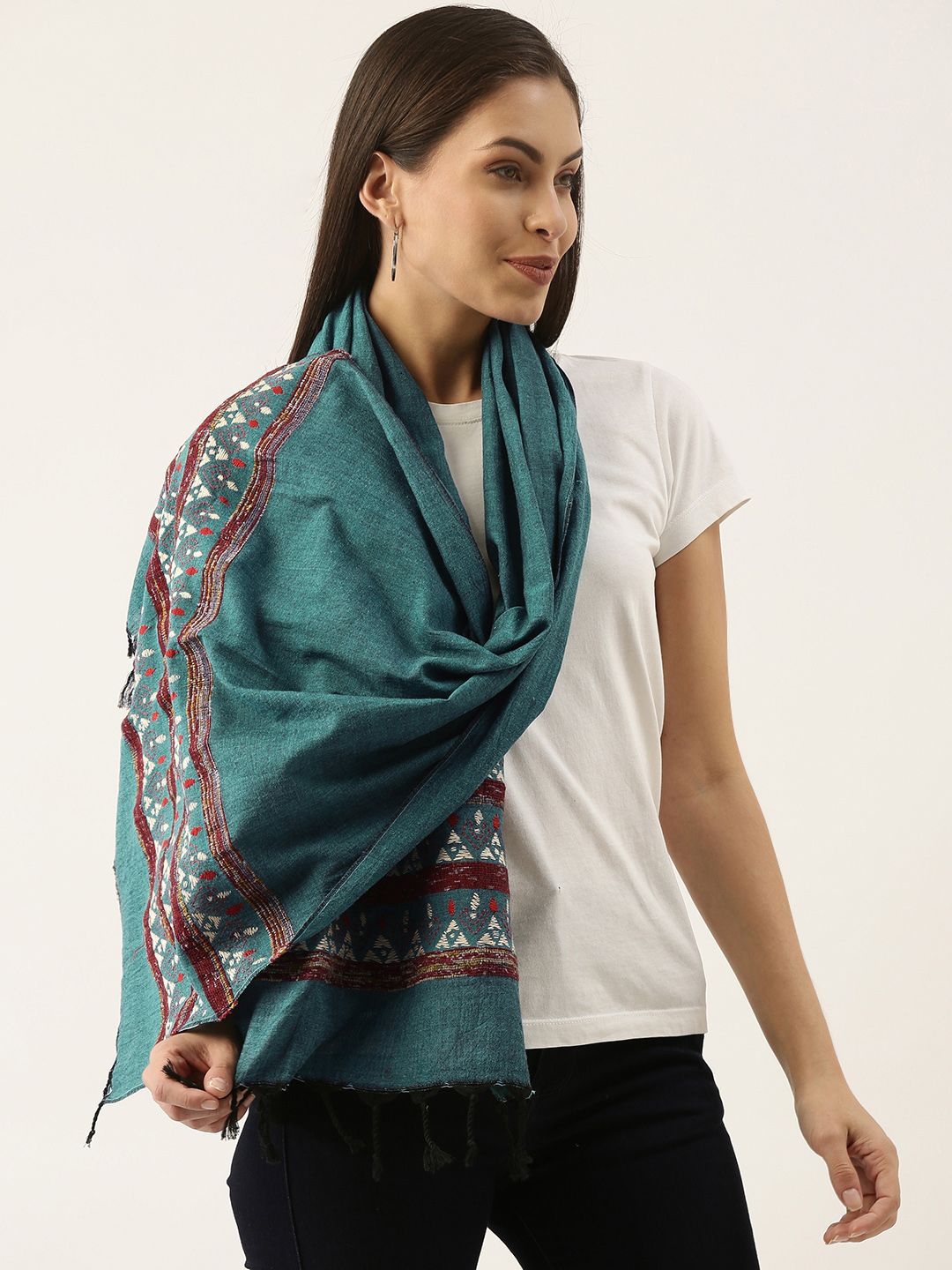 ArtEastri Women Teal & Red Cotton Handloom Khesh Kantha Embroidered Stole Price in India
