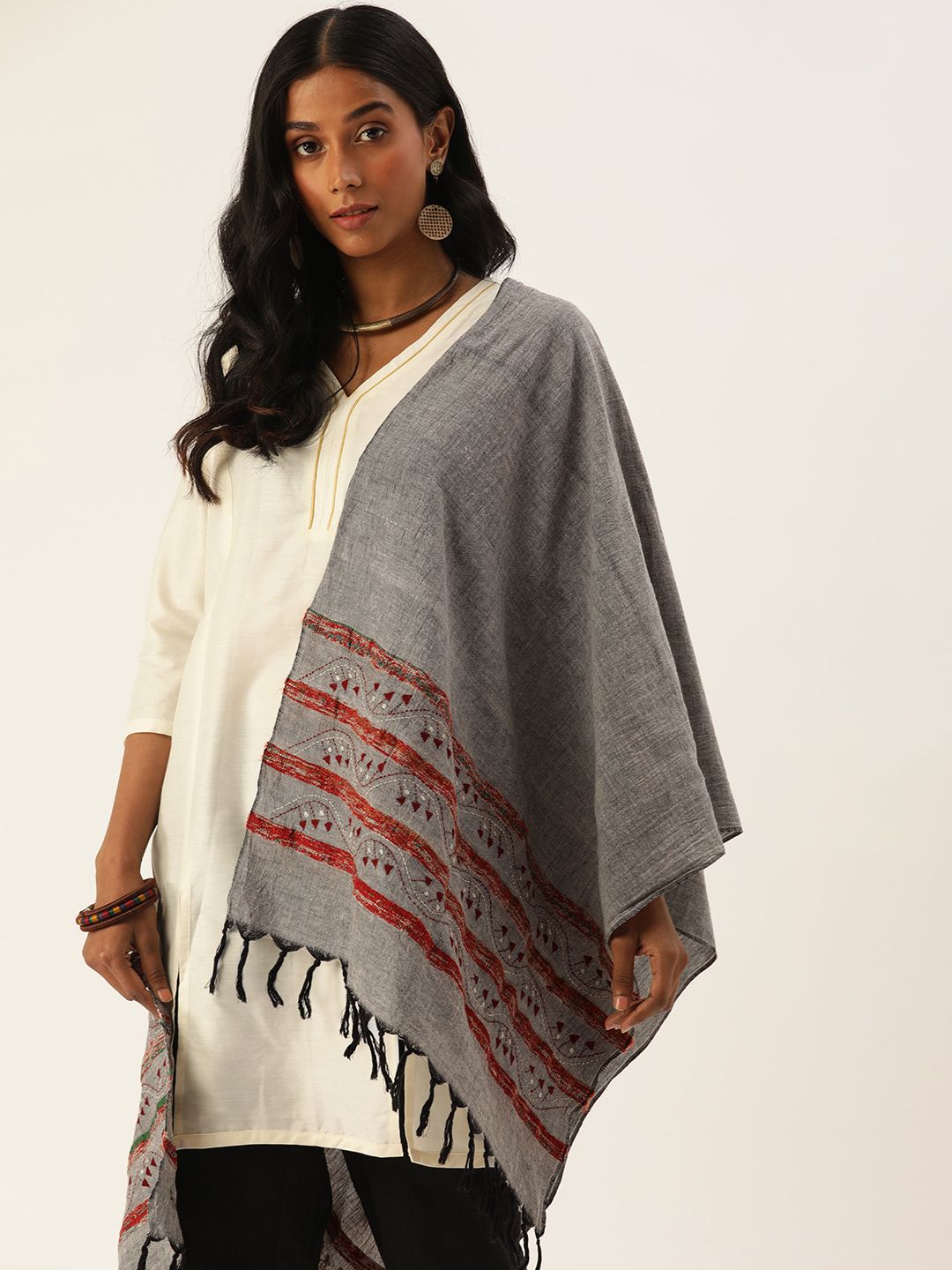 ArtEastri Women Grey & Maroon Kantha Embroidered Stole Price in India