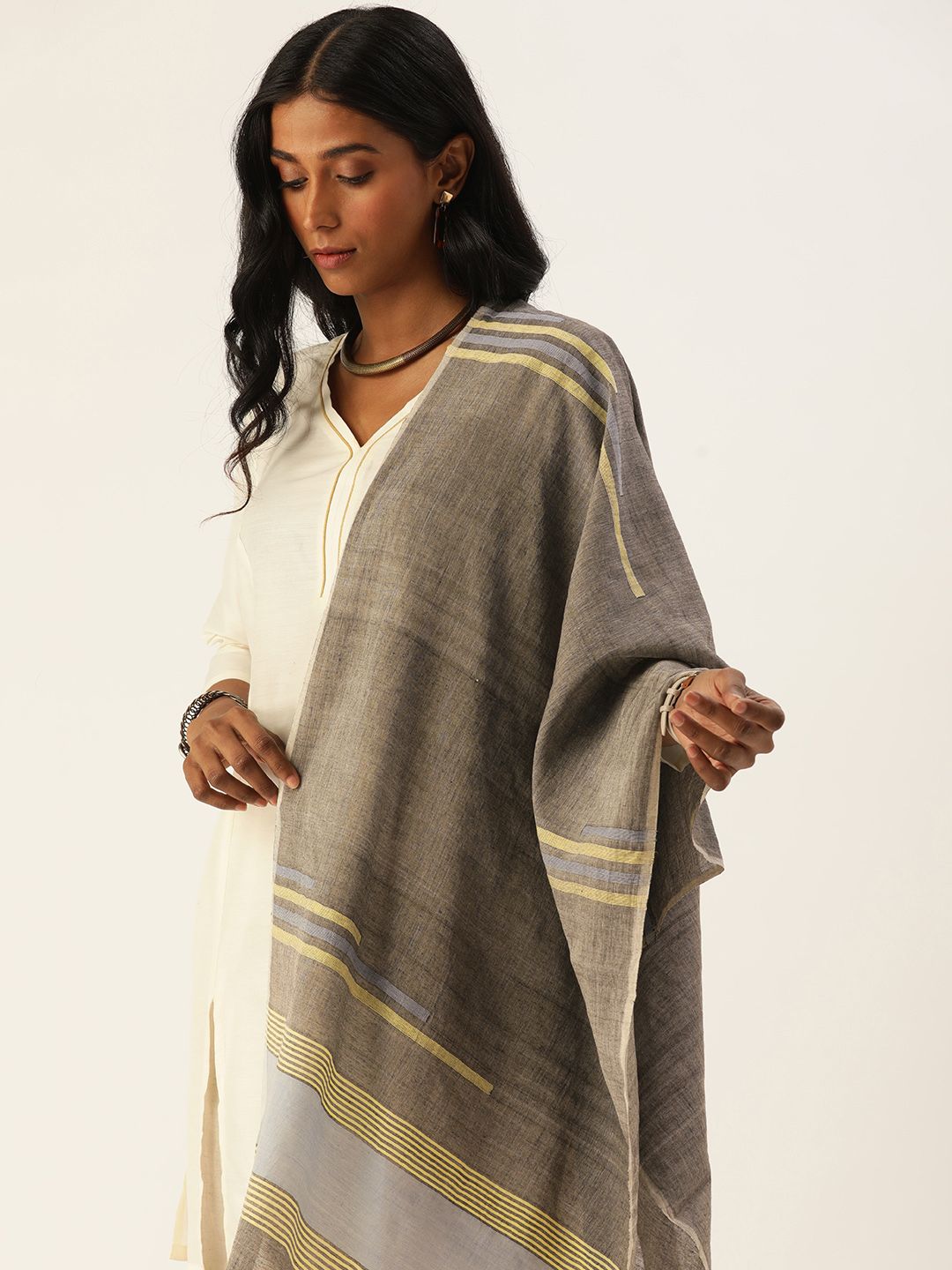 ArtEastri Women Grey & Blue Striped Jamdani Stole Price in India