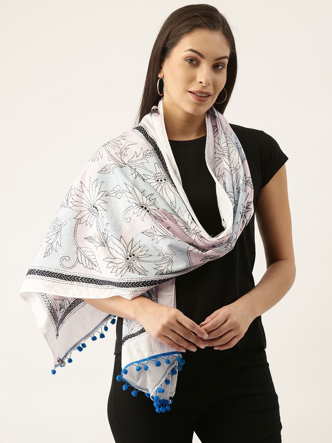 ArtEastri Women White & Blue Kantha Embroidered Stole Price in India