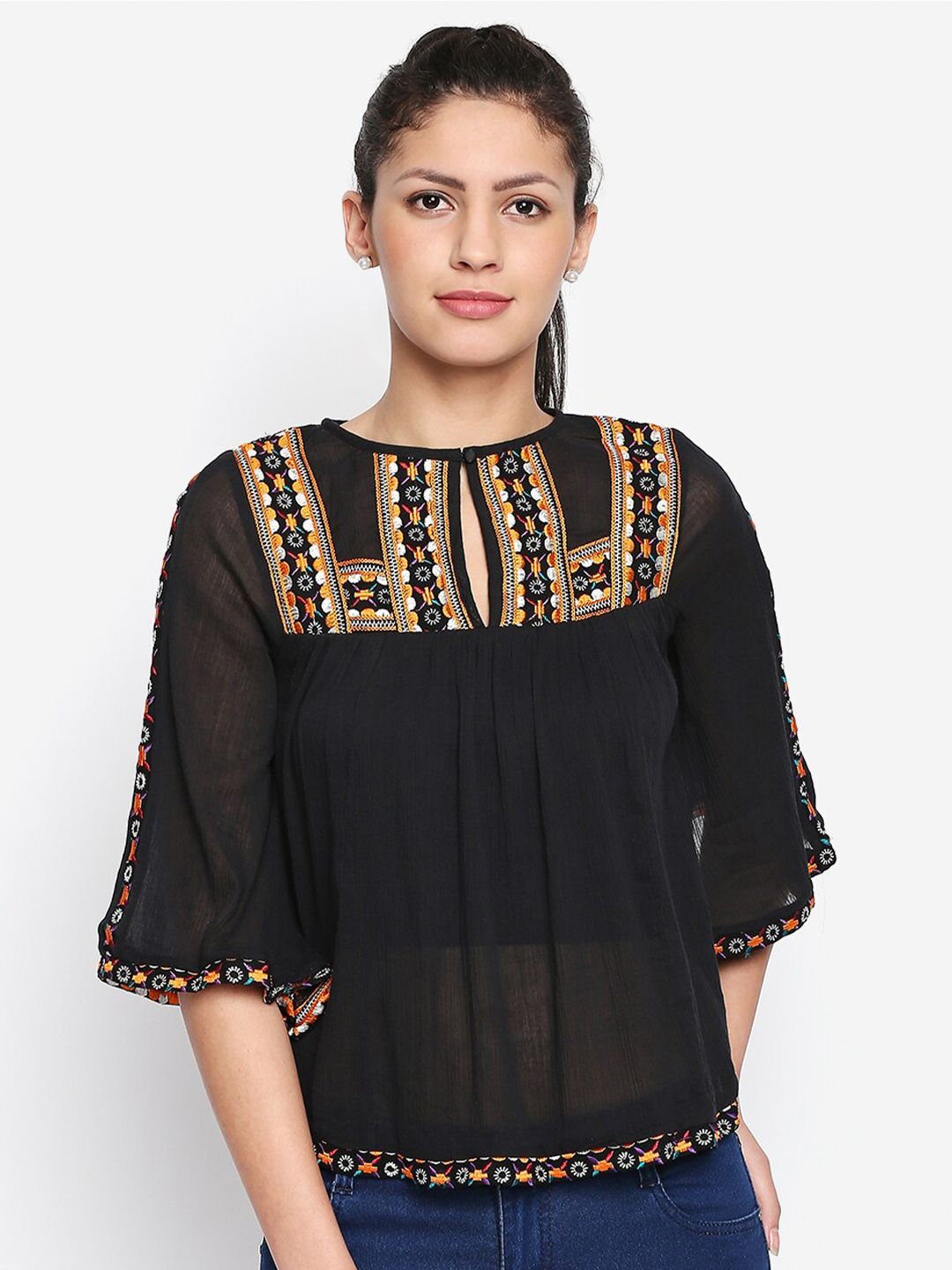 aaliya Women Black Floral Embroidered Chiffon Top