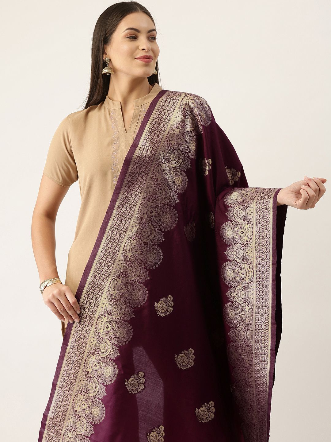 Silk Land Purple & Gold-Toned Ethnic Motifs Woven Design Pure Banarasi Silk Dupatta Price in India