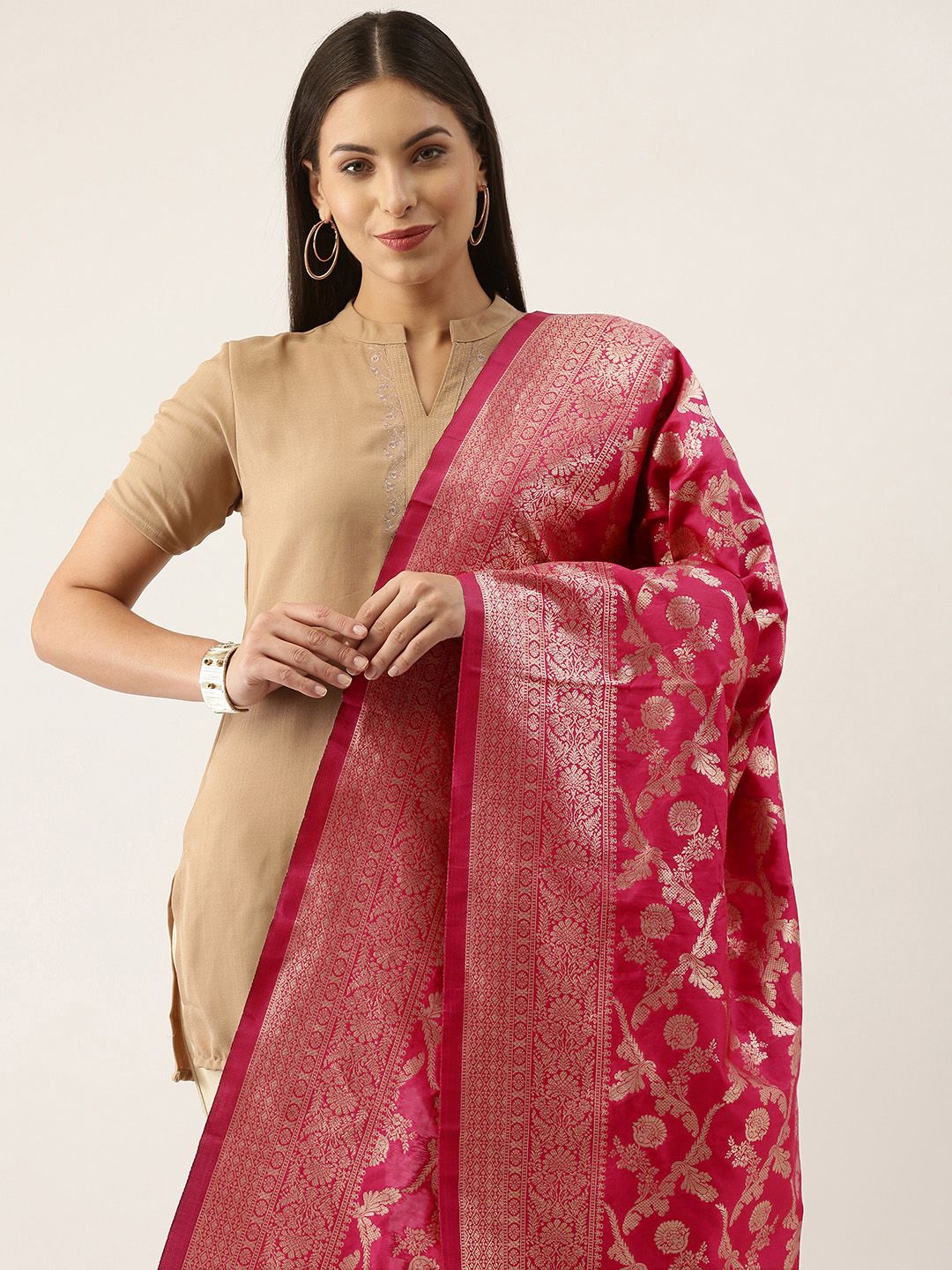 Silk Land Pink & Gold-Toned Ethnic Motifs Woven Design Pure Banarasi Silk Dupatta Price in India