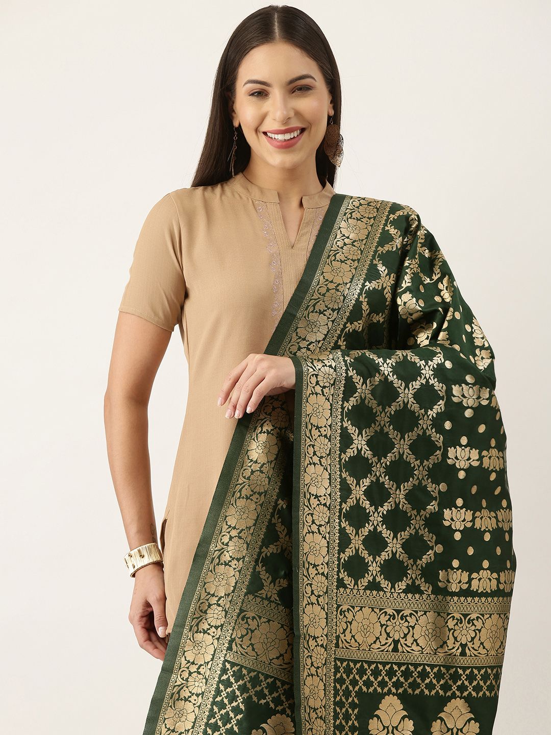 Silk Land Green & Gold-Toned Ethnic Motifs Woven Design Pure Banarasi Silk Dupatta Price in India