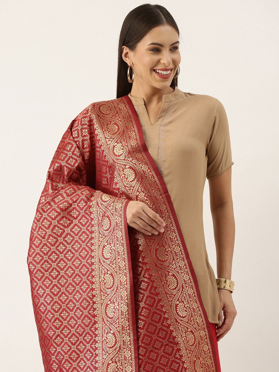 Silk Land Red & Gold-Toned Ethnic Motifs Woven Design Pure Silk Dupatta with Zari Price in India