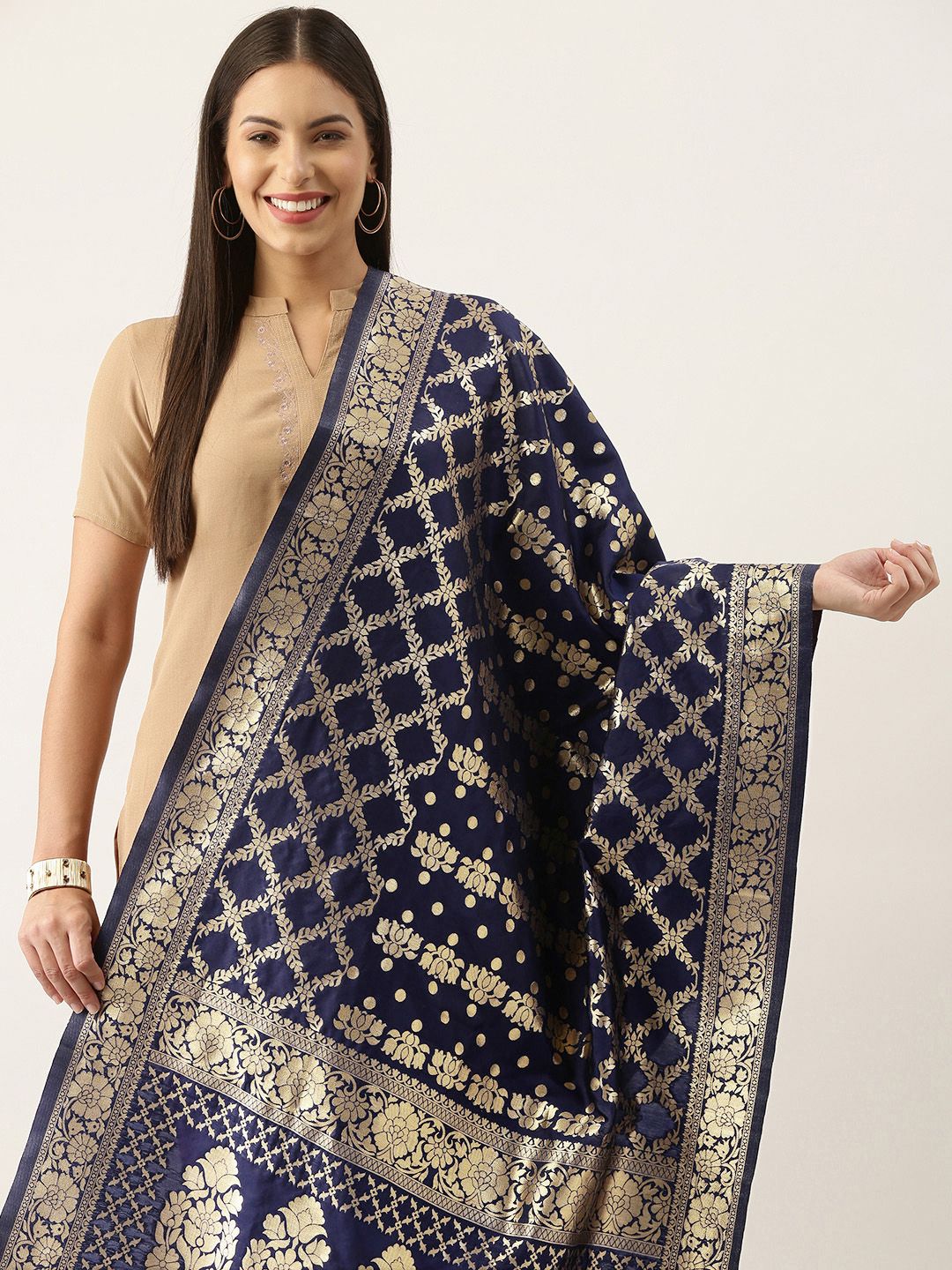 Silk Land Navy Blue & Gold-Toned Ethnic Motifs Woven Design Pure Banarasi Silk Dupatta Price in India