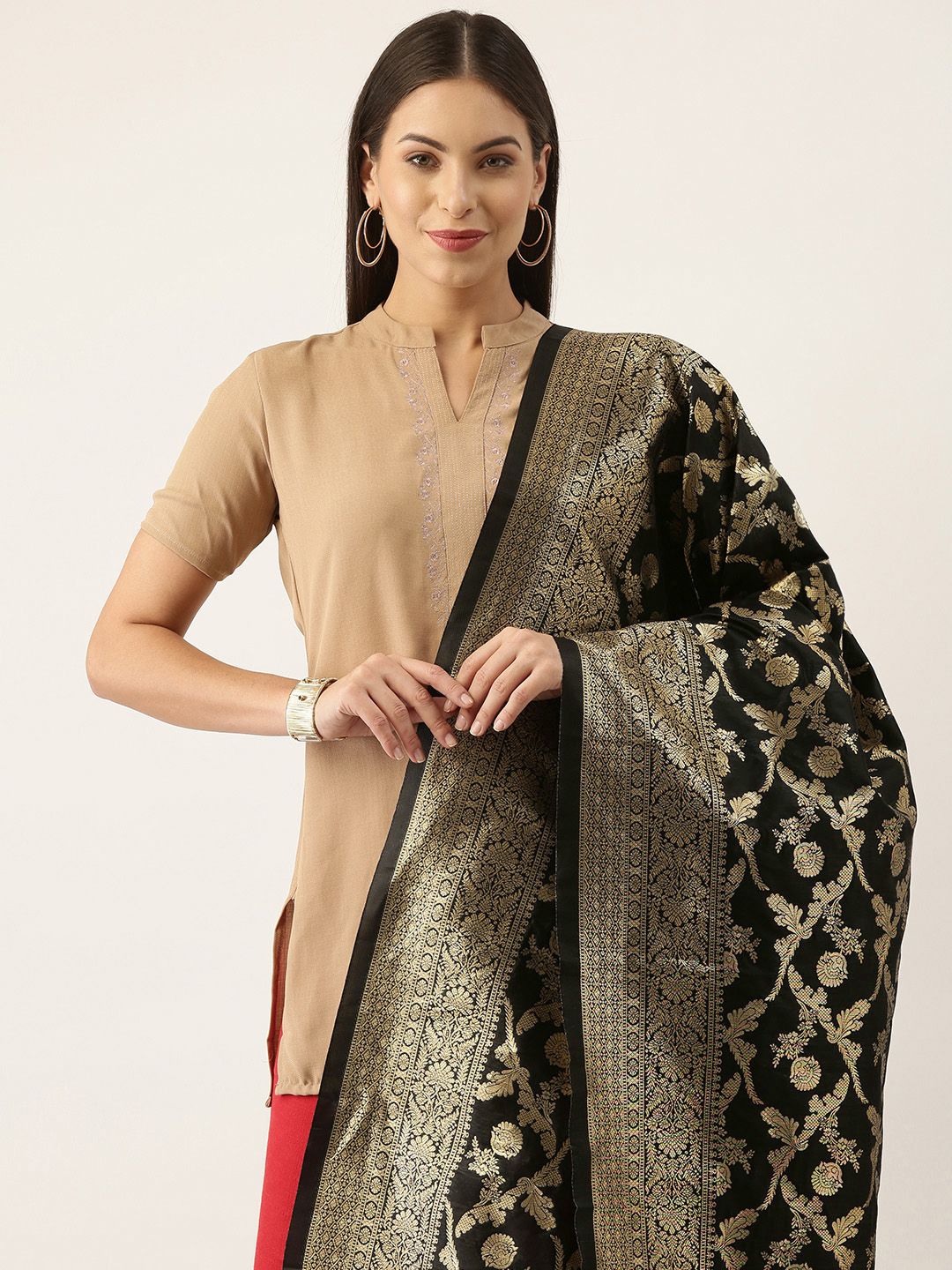 Silk Land Black & Gold-Toned Ethnic Motifs Woven Design Pure Banarasi Silk Dupatta Price in India