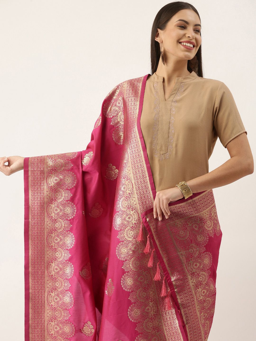 Silk Land Pink & Gold-Toned Woven Design Pure Silk Dupatta with Zari Price in India
