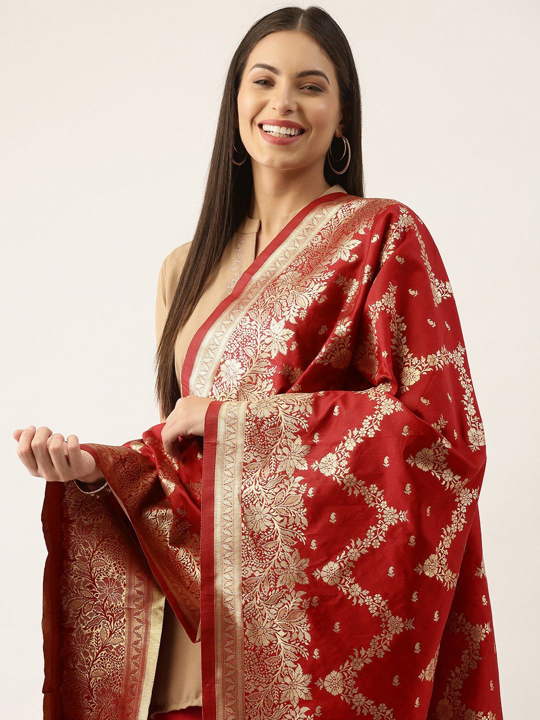 Silk Land Red & Gold-Toned Ethnic Motifs Woven Design Pure Banarasi Silk Dupatta Price in India