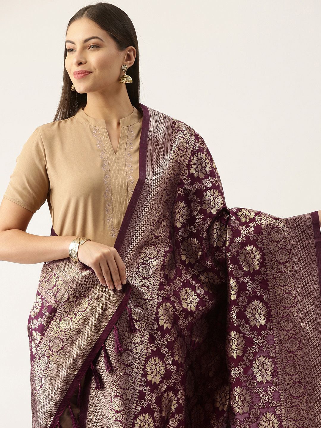 Silk Land Magenta & Gold-Toned Ethnic Motifs Woven Design Pure Banarasi Silk Dupatta Price in India
