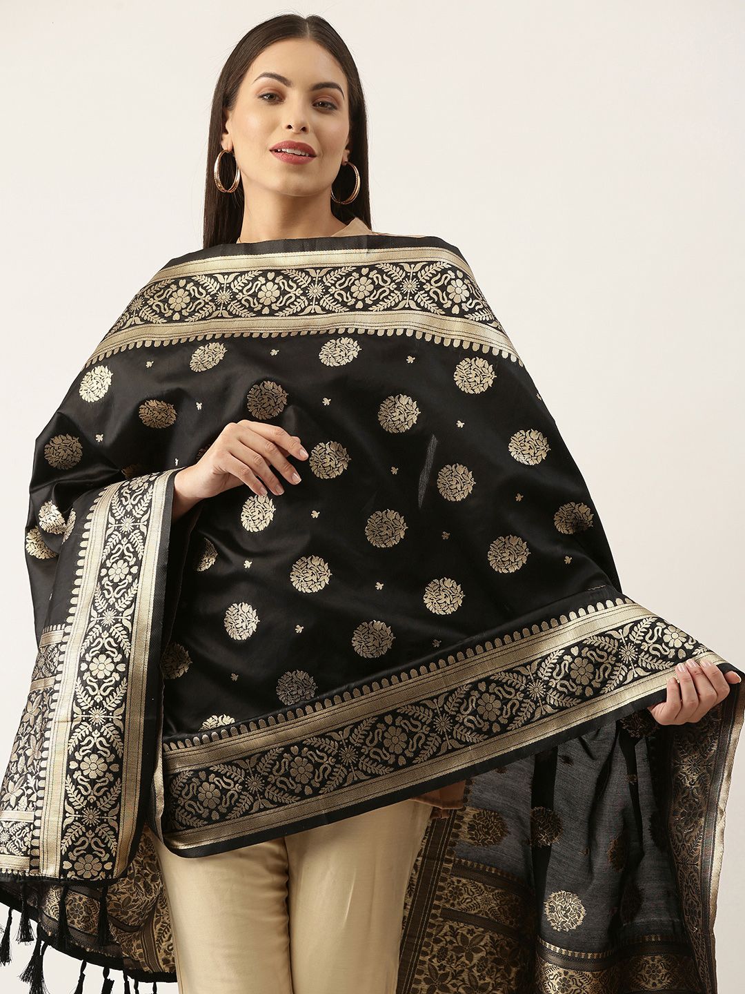 Silk Land Black & Gold-Toned Ethnic Motifs Woven Design Pure Banarasi Silk Dupatta Price in India