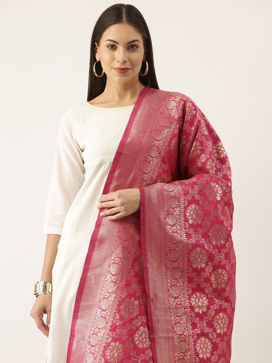 Silk Land Pink & Gold-Toned Ethnic Motifs Woven Design Pure Banarasi Silk Dupatta Price in India