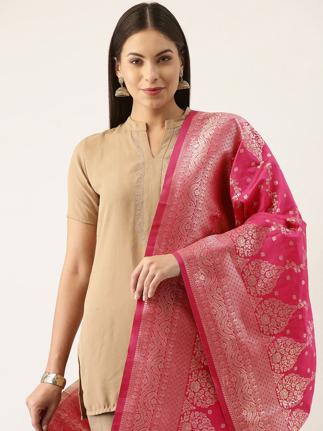 Silk Land Pink & Gold-Toned Ethnic Motifs Woven Design Pure Banarasi Silk Dupatta