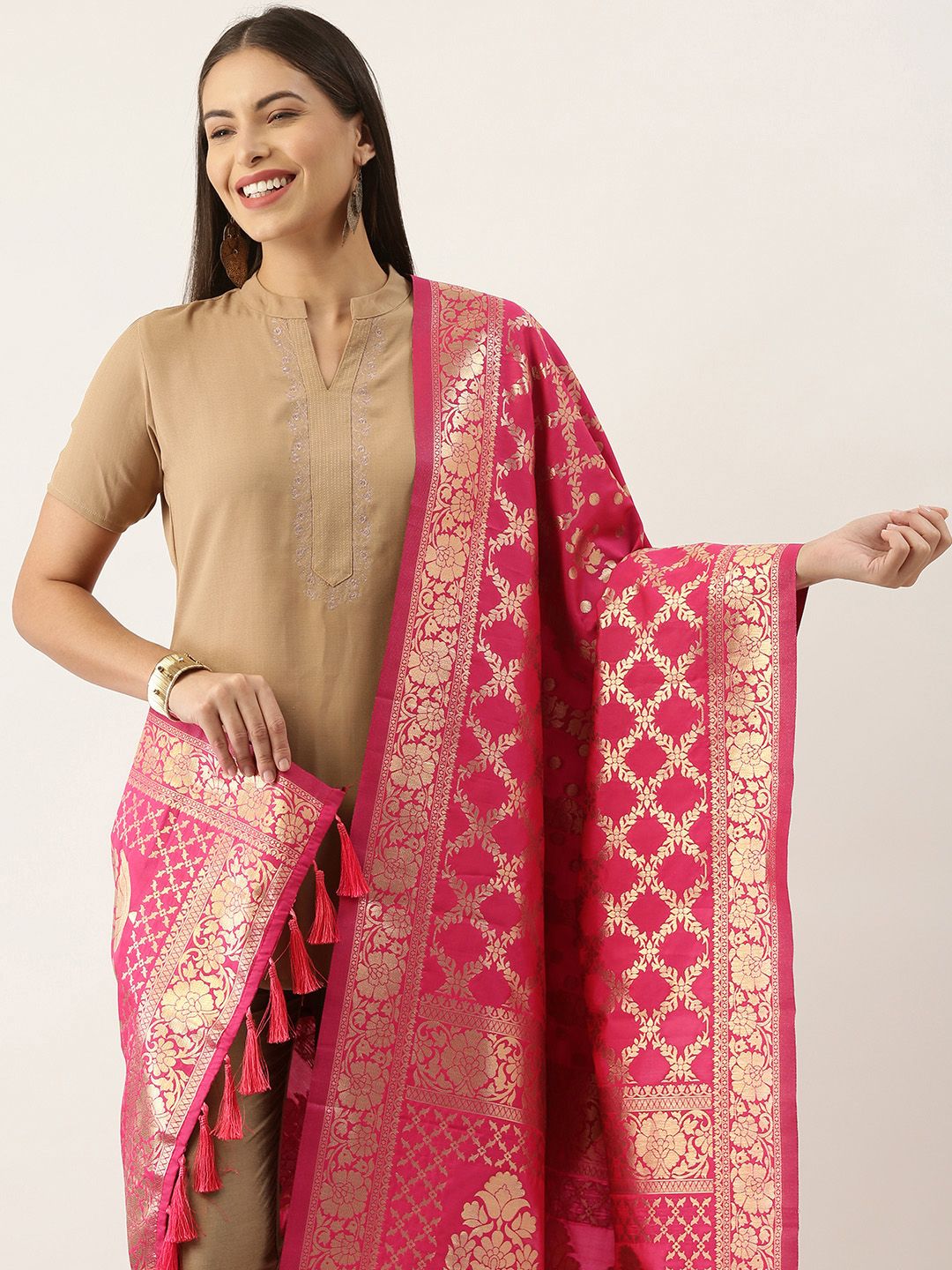 Silk Land Pink & Gold-Toned Ethnic Motifs Woven Design Pure Banarasi Silk Dupatta Price in India