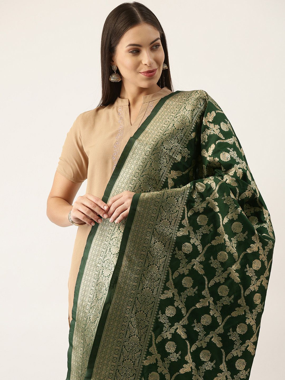 Silk Land Green & Gold-Toned Woven Design Pure Banarasi Silk Dupatta Price in India