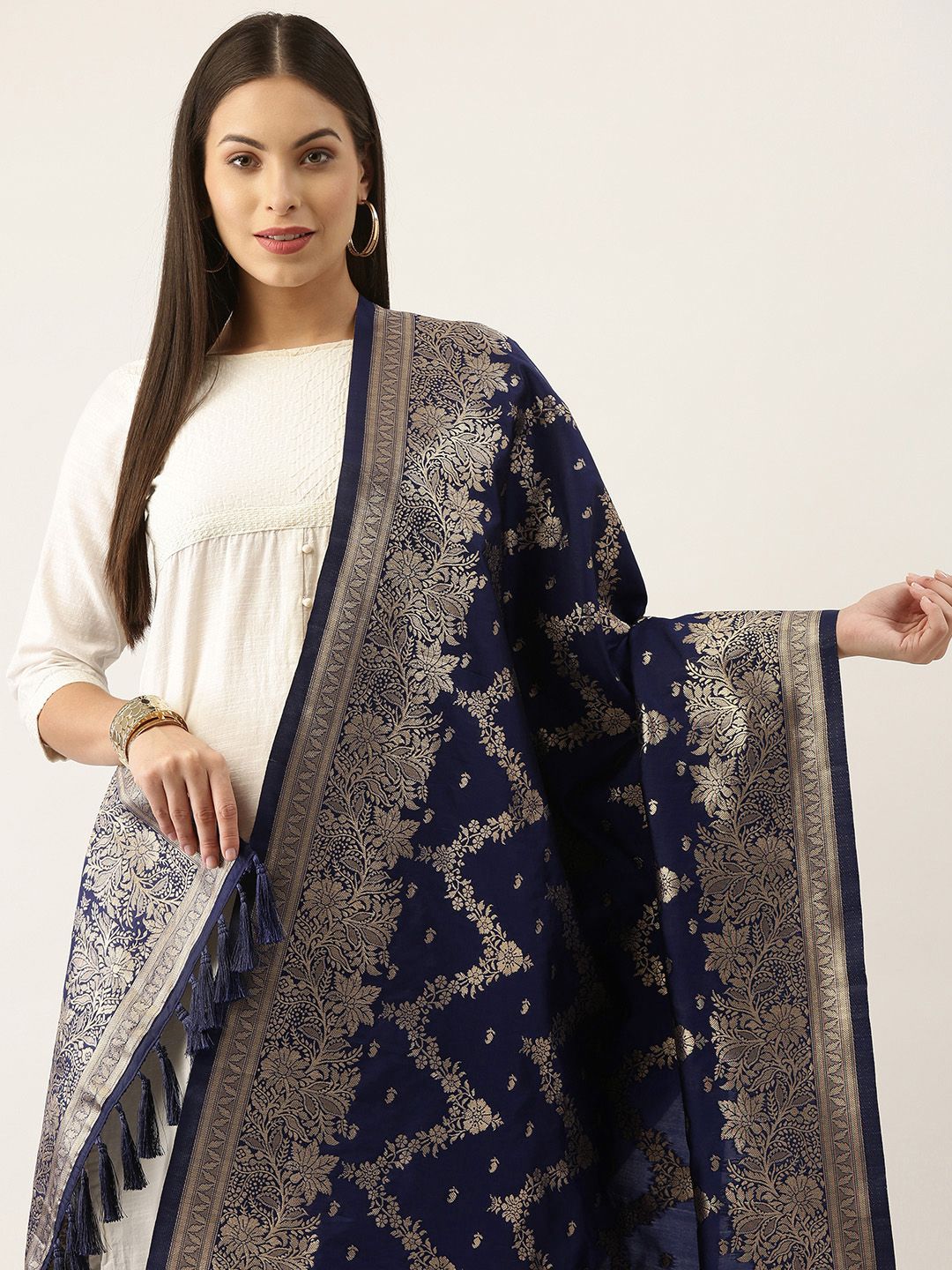 Silk Land Navy Blue & Gold-Toned Ethnic Motifs Woven Design Pure Banarasi Silk Dupatta Price in India