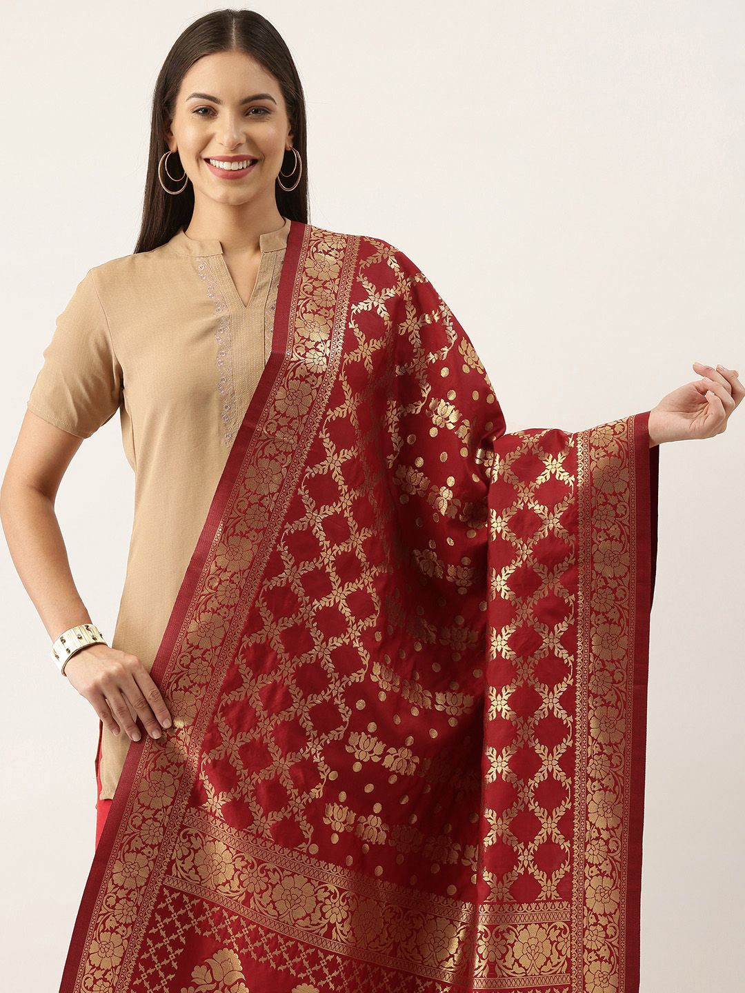 Silk Land Red & Gold-Toned Ethnic Motifs Woven Design Pure Banarasi Silk Dupatta Price in India