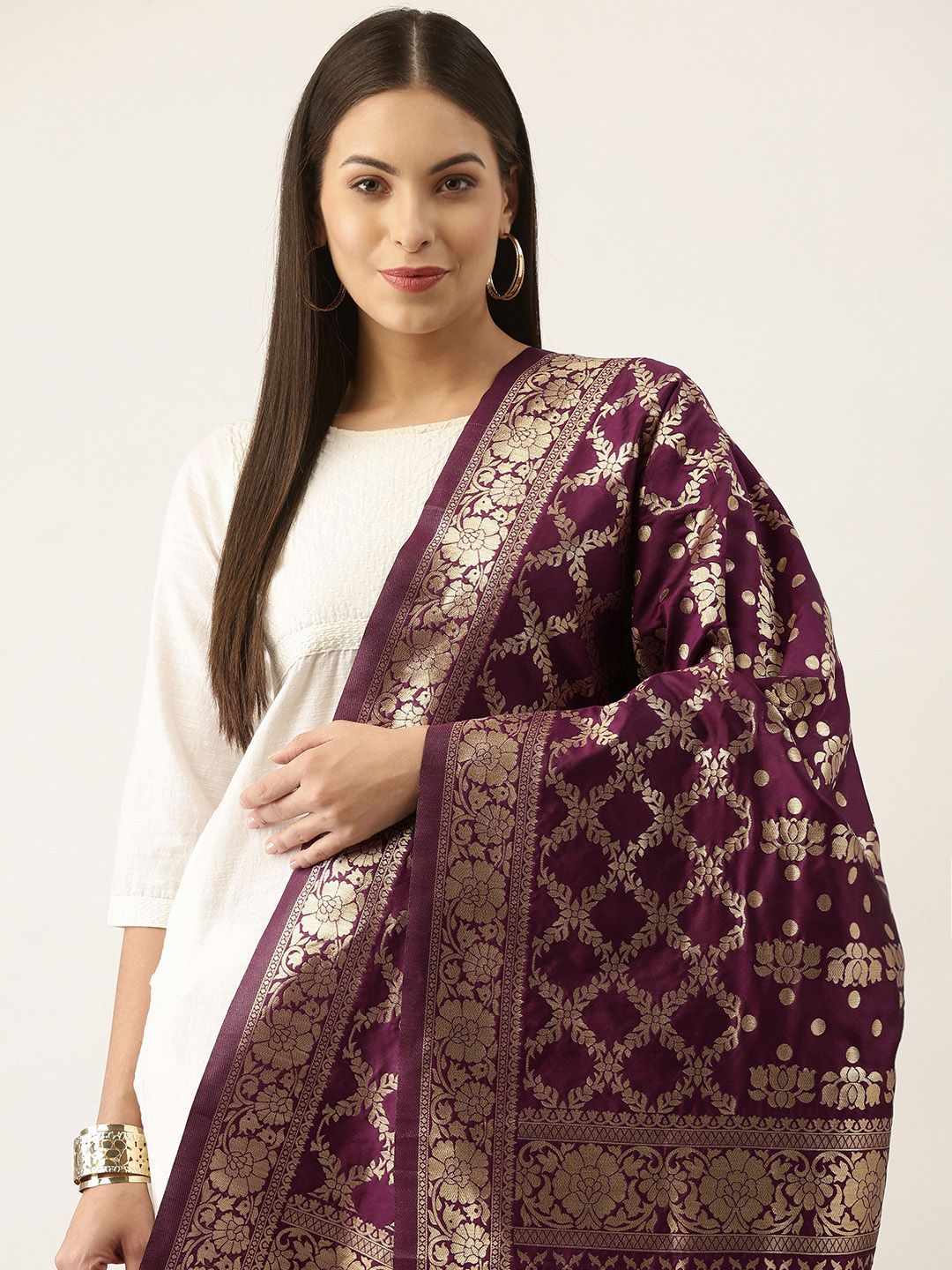 Silk Land Maroon & Gold-Toned Ethnic Motifs Woven Design Pure Banarasi Silk Dupatta Price in India