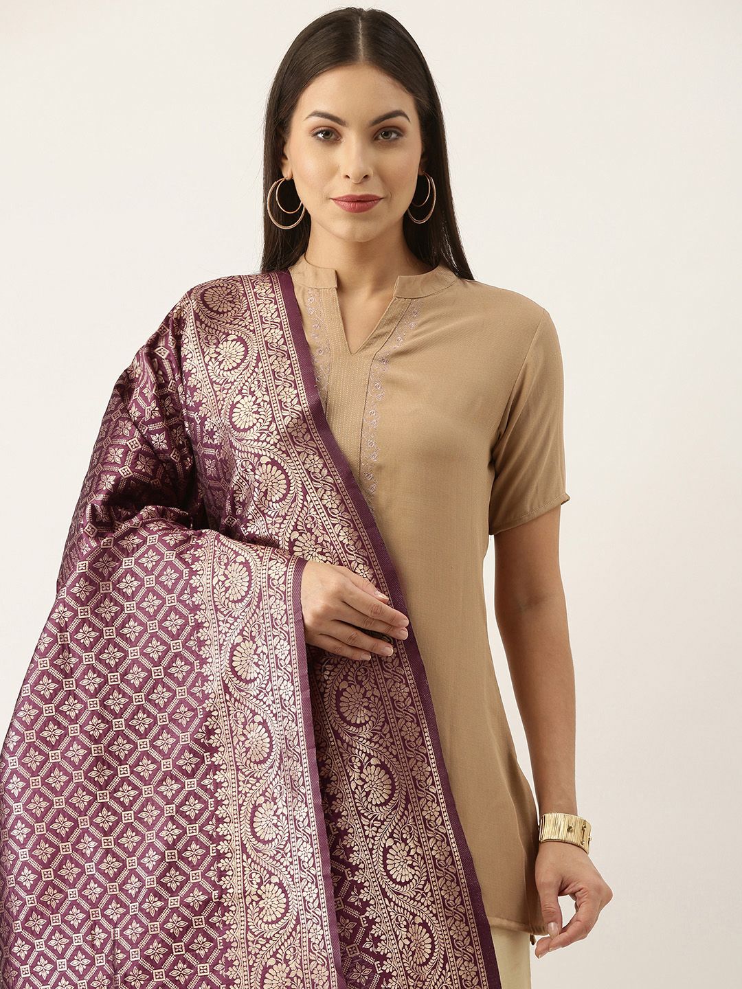 Silk Land Purple & Gold-Toned Ethnic Motifs Woven Design Pure Banarasi Silk Dupatta Price in India