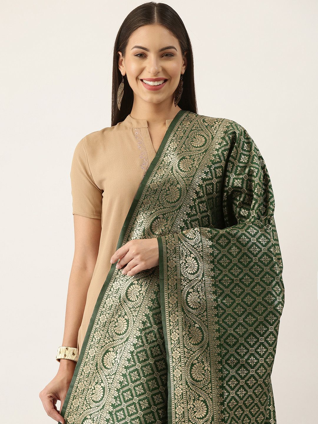 Silk Land Green & Gold-Toned Ethnic Motifs Woven Design Pure Banarasi Silk Dupatta Price in India