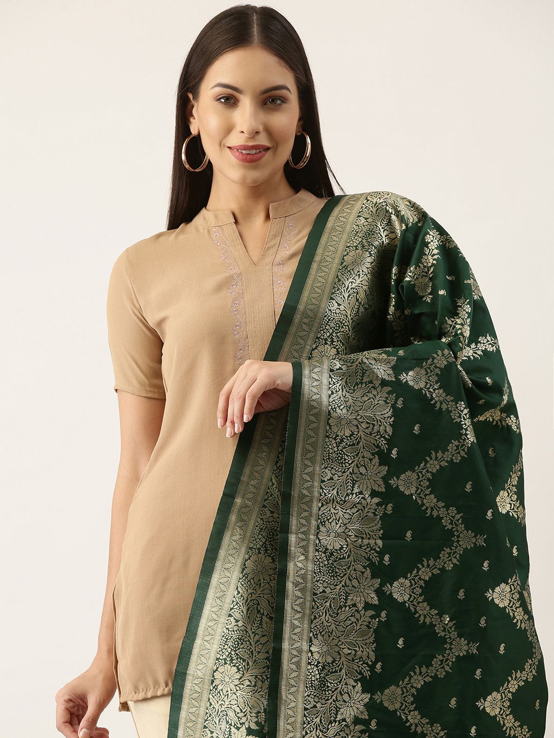 Silk Land Green & Gold-Toned Ethnic Motifs Woven Design Pure Banarasi Silk Dupatta Price in India