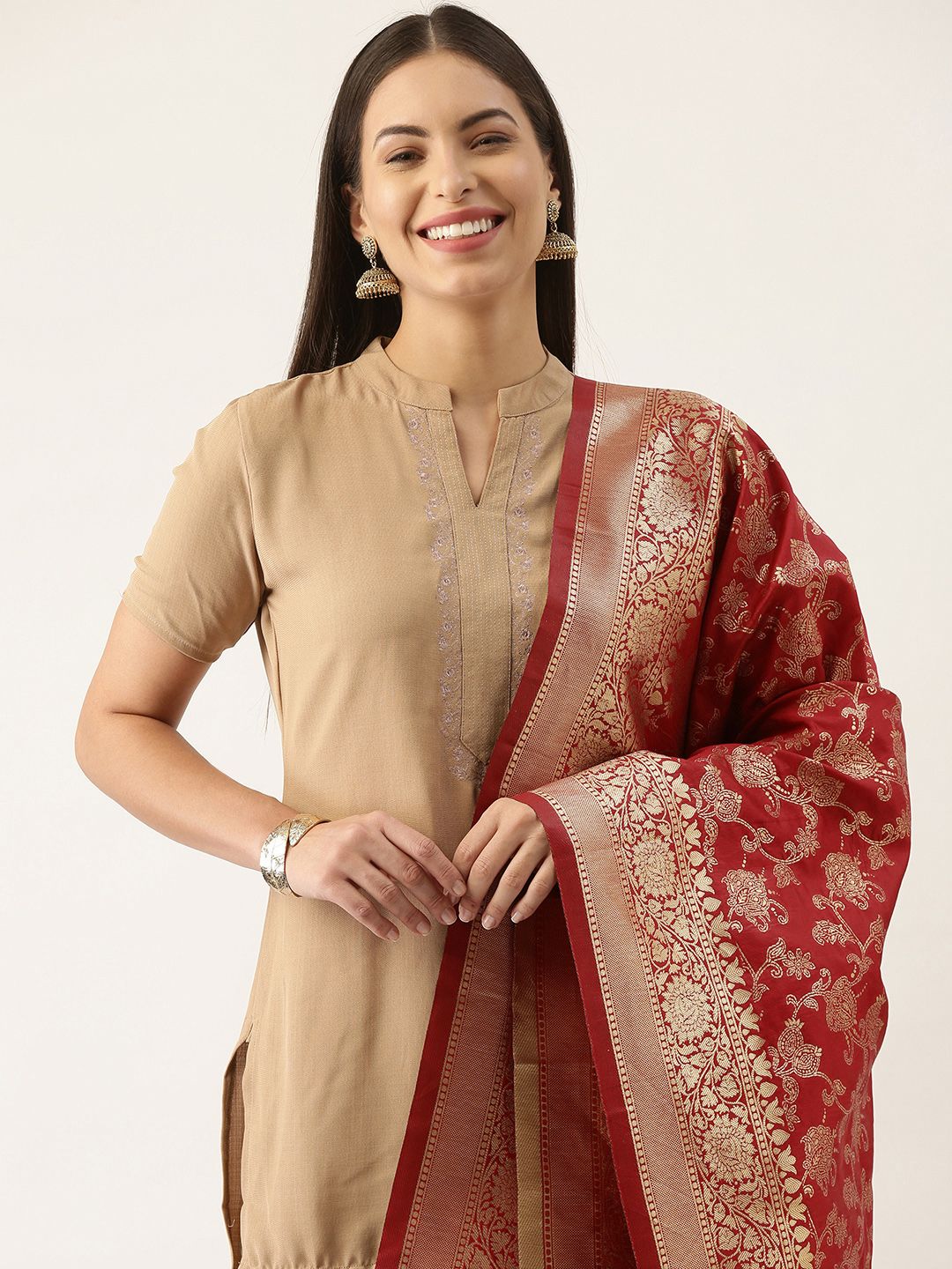 Silk Land Red & Gold-Toned Ethnic Motifs Woven Design Pure Banarasi Silk Dupatta Price in India