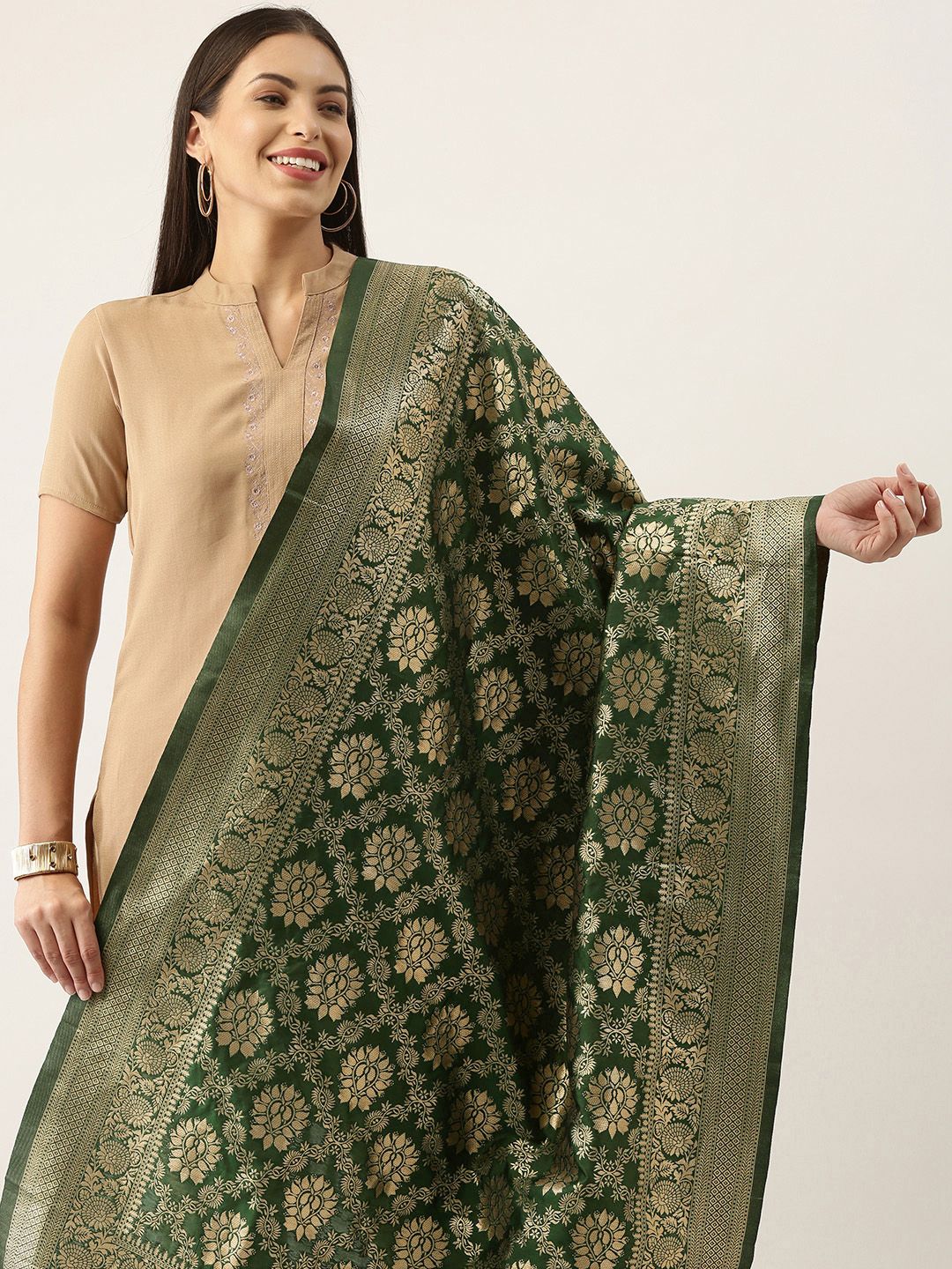 Silk Land Green & Gold-Toned Ethnic Motifs Woven Design Pure Banarasi Silk Dupatta Price in India