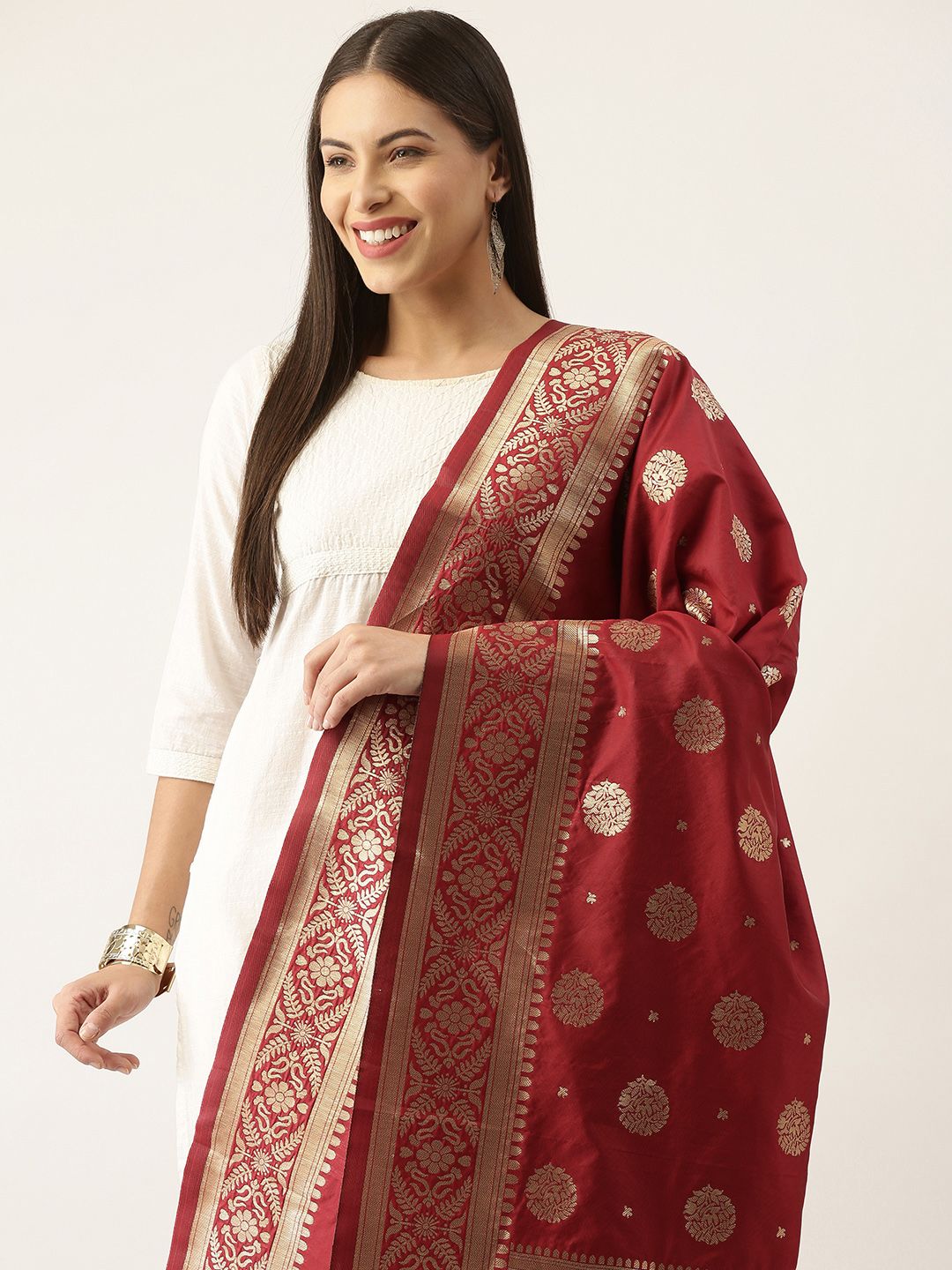 Silk Land Red & Gold-Toned Ethnic Motifs Woven Design Pure Banarasi Silk Dupatta Price in India