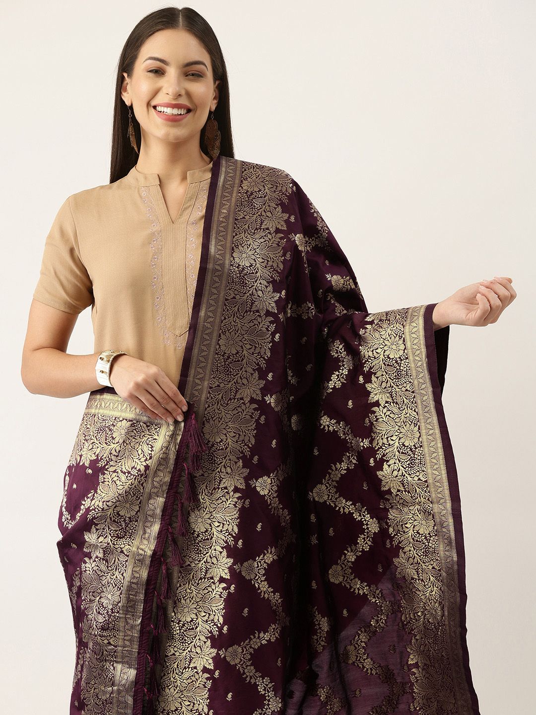 Silk Land Purple & Gold-Toned Ethnic Motifs Woven Design  Pure Banarasi Silk Dupatta Price in India