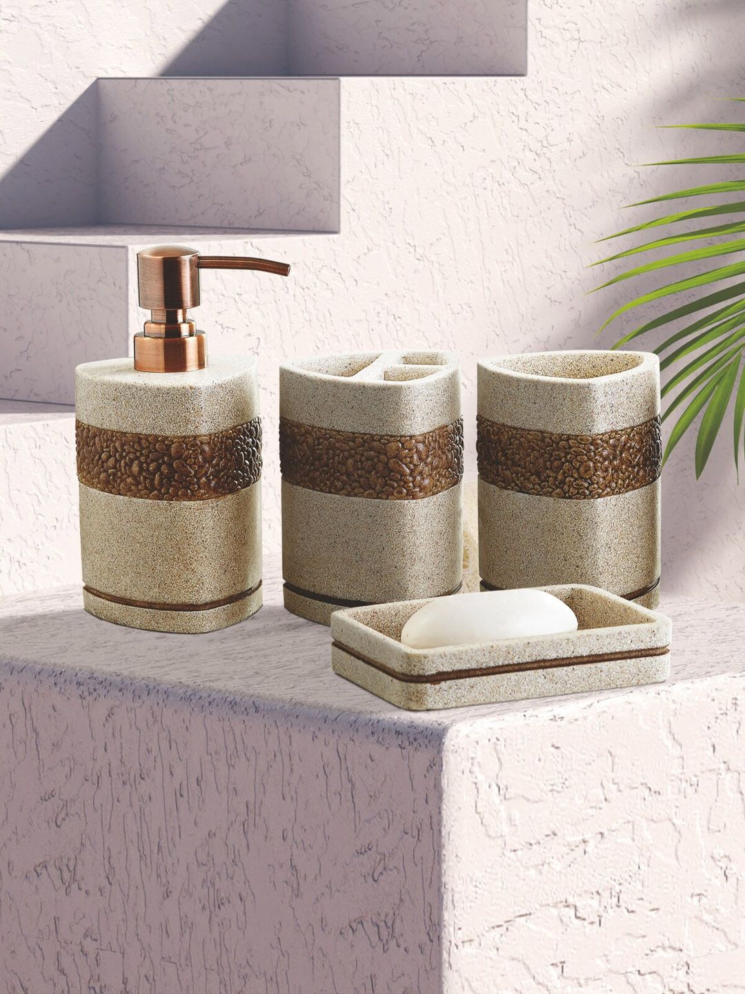 OBSESSIONS Brown Set Of 4 Textured Bathroom Set Price in India