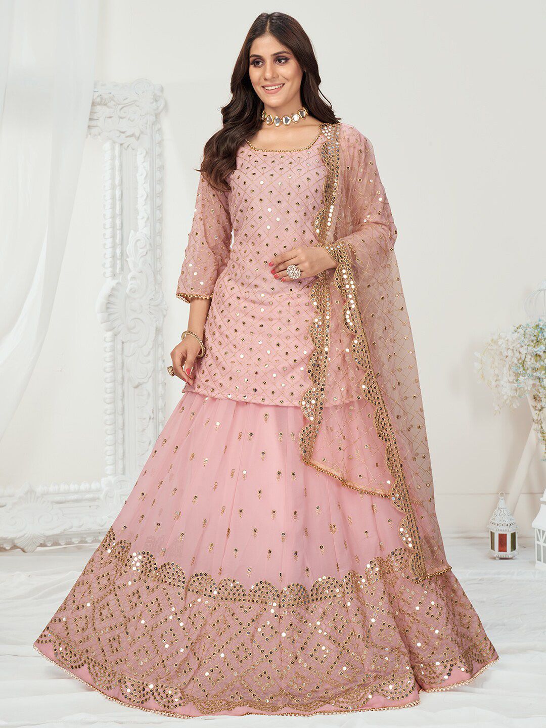 WHITE FIRE Pink & Golden Semi-Stitched Lehenga & Unstitched Blouse With Dupatta Price in India