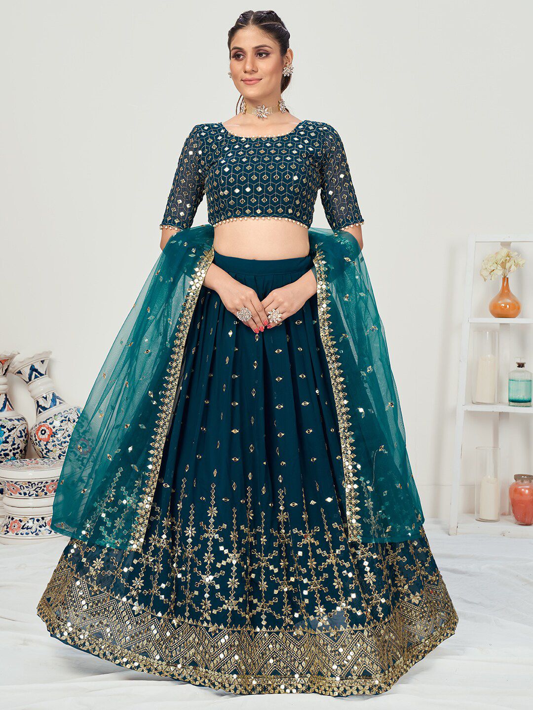 WHITE FIRE Blue & Gold-Toned Embellished Semi-Stitched Lehenga & Unstitched Blouse With Dupatta Price in India