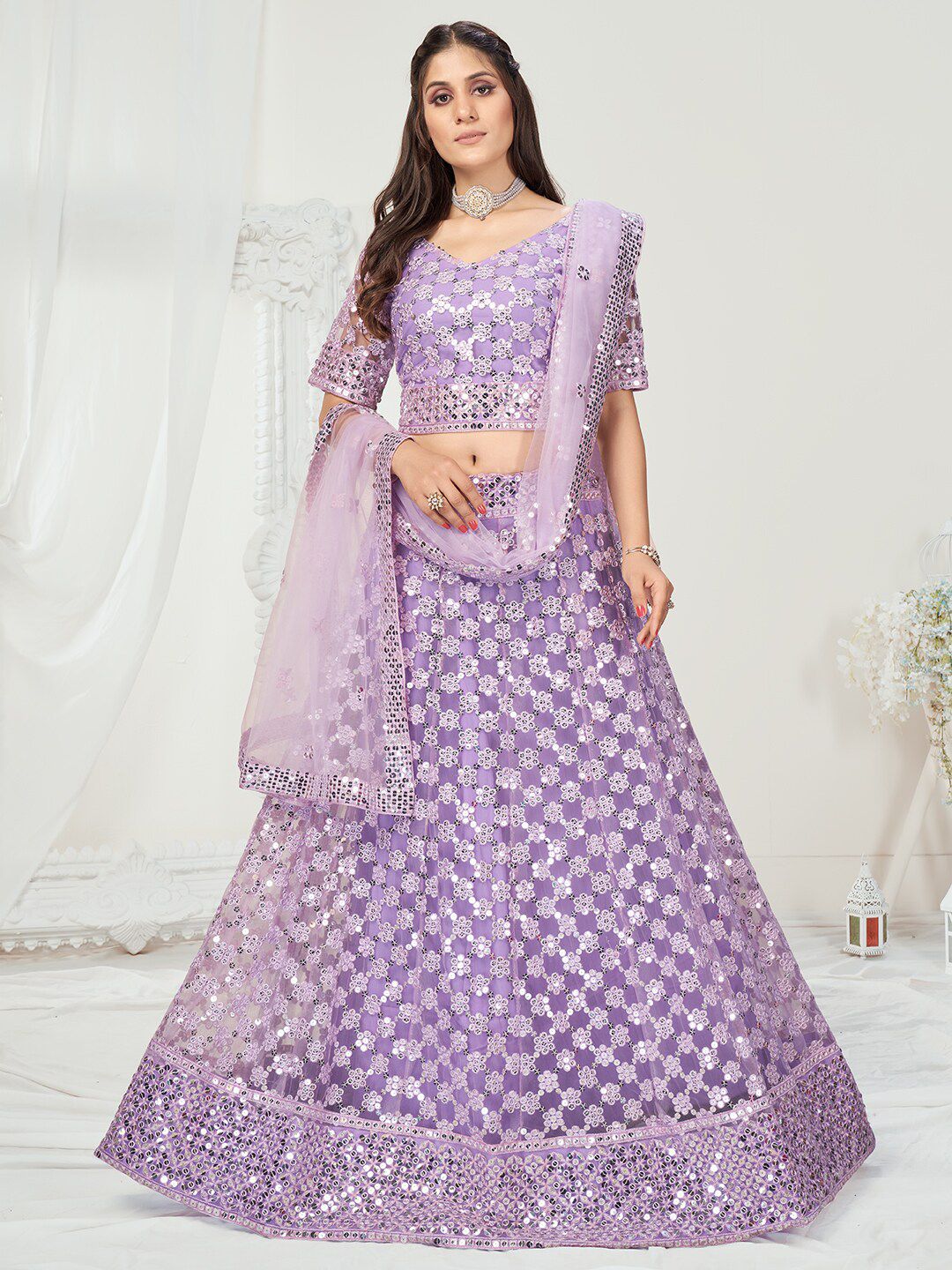 WHITE FIRE Lavender Embellished Sequinned Semi-Stitched Lehenga & Unstitched Blouse With Dupatta Price in India