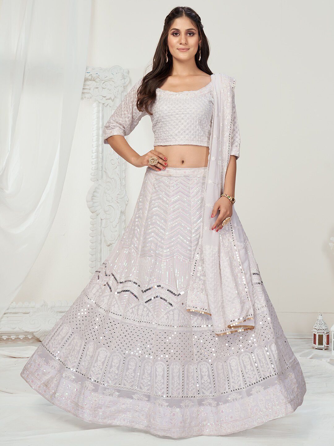 WHITE FIRE White Embroidered Sequinned Semi-Stitched Lehenga & Unstitched Blouse With Dupatta Price in India